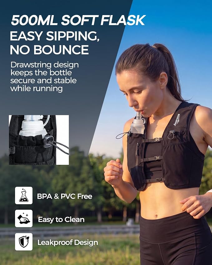 Running Vest for Women Men, Lightweight Reflective Hydration Vest with 500ML Soft Flask, Adjustable Running Backpack Run Vest Water Bottle for Runner Marathon