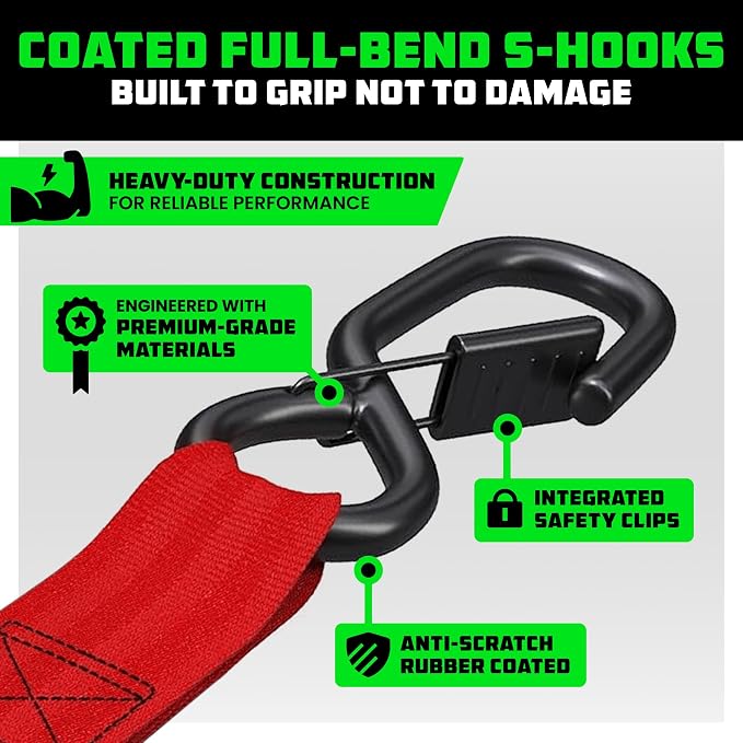 Rhino USA Ratchet Straps Heavy Duty Kit (4-Pack) - 1.6 Inch x 15 Feet Min Break Strength (5,000) - Ultimate Tie Down Straps with Safety S Hooks for Trucks, ATV, UTV, Motorcycle, Cargo & More - Red