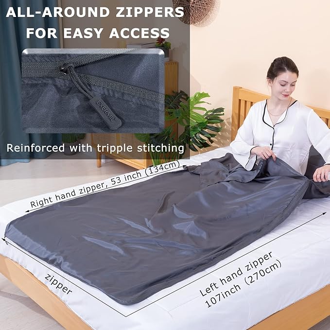 100% Silk Sleep Sack with Zippers on 3 Sides, 87”x43” Large Sleeping Liners for Hotels, Travel & Camping, Multifunctional Travel Sheets (Unzipped:87”x87”) for Adults, Lightweight, All Seasons