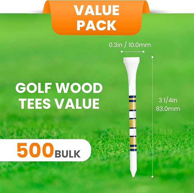 Golf Tees Wood 3 1/4 2 3/4 Inch Value 500/1000 Pack with Bright Colors & Consistent Height, High Visibility with Gold Stripes for Course Practice