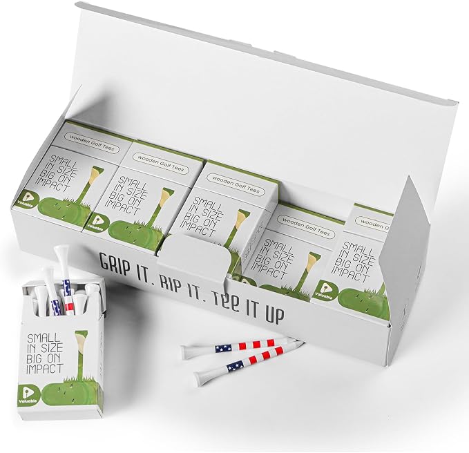FINGER TEN Premium Bamboo Wood Golf Tees Unique Box Design 18-Pack Per Box Value 18/72/180 Pack, Wooden Tees in 2 3/4" 3 1/4" Durable for Golfers, USA Flag Design Pro Tee Choice