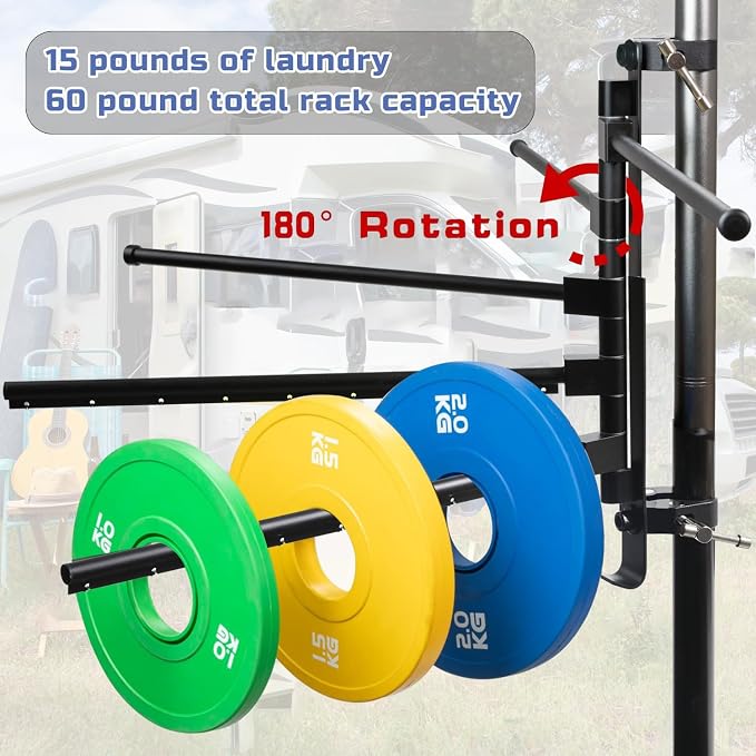 RV Clothes Drying Rack, 5 Arms 15.3" 18 Clips Aluminum for Ladder/Camper | 5 arms, 15.3" each. 18 stainless clips. Aluminum, rust-proof. 60Lbs capacity. 30s install. Fits ladders, boats, RVs