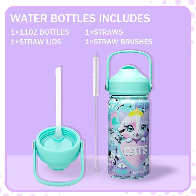Lunch Box Kids Bento Box for Girls with Ice Pack,Lunch Bag,Stainless Steel Water Bottle Set Utensils Set Food Container for School Cat Girls Lunch Boxes Kids Back to School Supplies