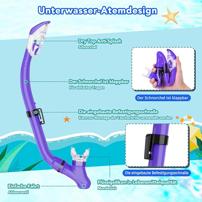 Snorkeling Gear for Kids with Foldable Silicone Full Dry Snorkel, Kids Snorkel Set Anti Leak Youth Junior Snorkeling Package Diving Mask Soft Tube with Mesh Bag Scuba Swimming Goggles