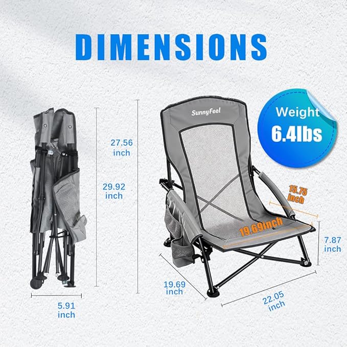 SUNNYFEEL Folding Low Camping Beach Chair 2 Pack, Lightweight Portable Lawn Chair with Mesh Back, Cup Holder for Outdoor/Travel/Picnic/Concert, Foldable Camp Backpack Chair with Carry Bag