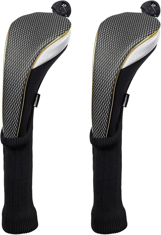 Andux 2Pcs/Set Long Neck Gold Golf Hybrids Club Head Covers with Dial No. Tag MT/HY13
