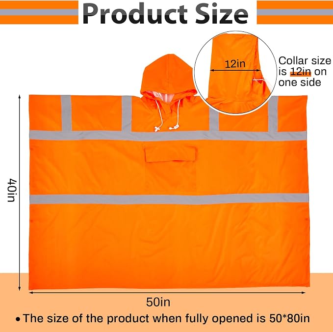 Coume High Visibility Rain Poncho 50x80 in, Waterproof Windproof Reflective PVC Safety Rain Gear with Drawstring Hood & Large Pocket for Construction, Traffic, Camping, Fishing, Outdoor Worker, Orange