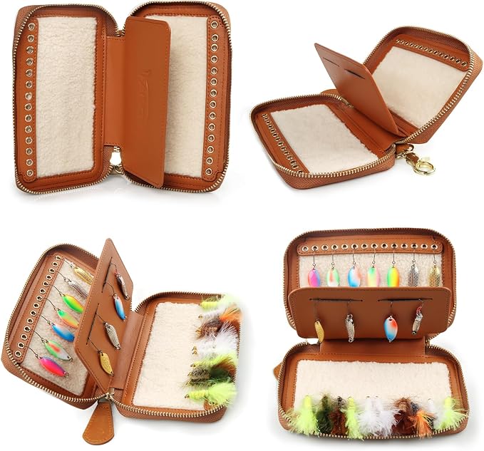 Lure Box Fly Fishing Leather Wallet Tackle Box Storage Spinner Bait Spoon Lures Flies Streamer Dry Fly Box Display Pocket Case Gifts for Men, Women (Lure FLy Wallet #B (Size: 6.6"x4.1"x1.1"))