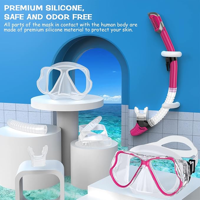 Greatever Dry Snorkel Set,Panoramic Wide View Anti-Fog Scuba Diving Mask,Professional Snorkeling Gear for Adults Kids