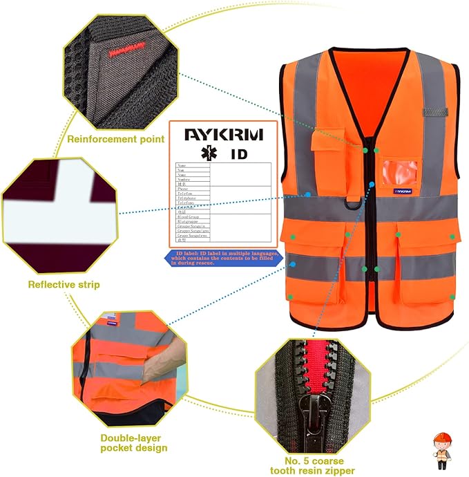 A-SAFETY Orange High Visibility Safety Vest Reflective, 3M Multi Pockets Working Vest Working Uniform Zipper Front ANSI/ISEA Standards 7 Pockets Class 2,3XL