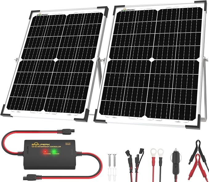 SOLPERK 12V 50W Solar Panel Kit, 2pcs 25W Solar Battery Maintainer+Waterproof 8A Controller+Adjustable Mount Bracket for Boat RV Car Motorcycle Marine Automotive