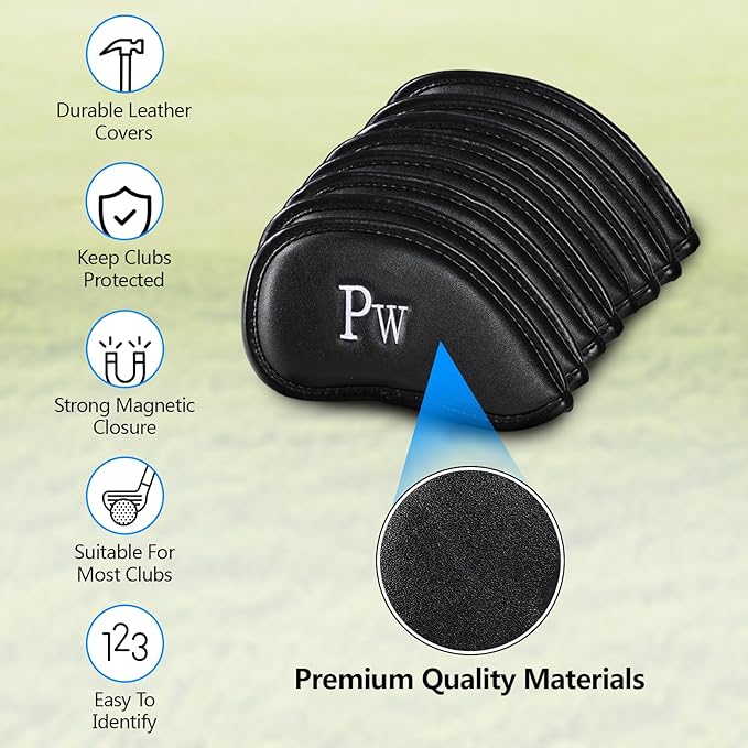 Golf Club Covers Set for Woods & Irons | Waterproof Magnetic Golf Iron Covers | Driver Wood Headcover | Durable Leather Protectors with Double-Sided Embroidery