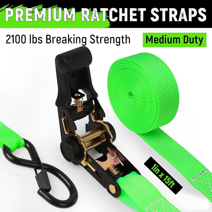Ratchet Straps Medium Duty 4 Pack -1 Inch x 15 Feet (2,100LB Break Strength)- Motorcycle Tie Down Straps -Soft Loops Tie Downs- Ratchet Tie Down Set for Powersports, Motorcycle or Moving Cargo