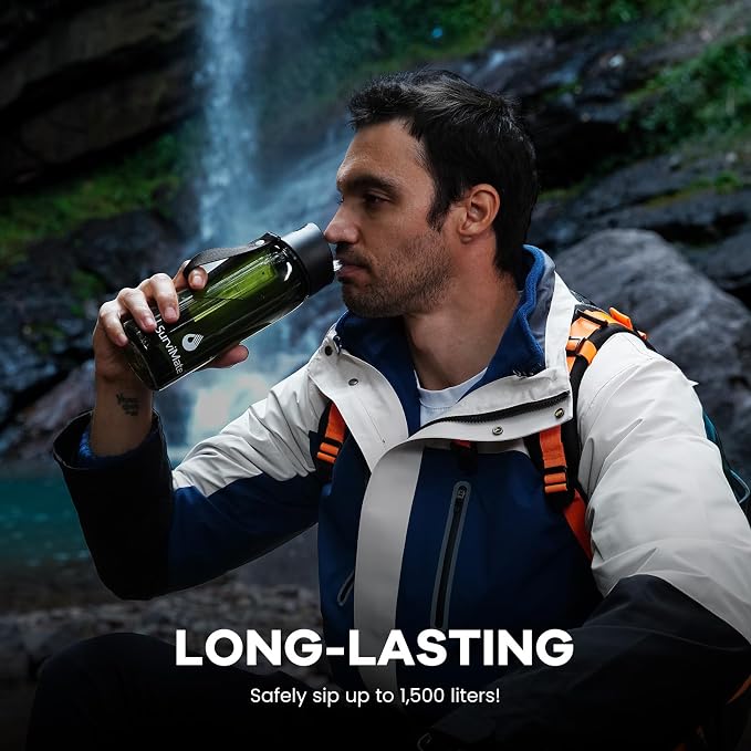 SurviMate Purified Water Bottle for Camping, Hiking, Backpacking and Travel, BPA Free with 5-Stage Intergrated Filter Straw