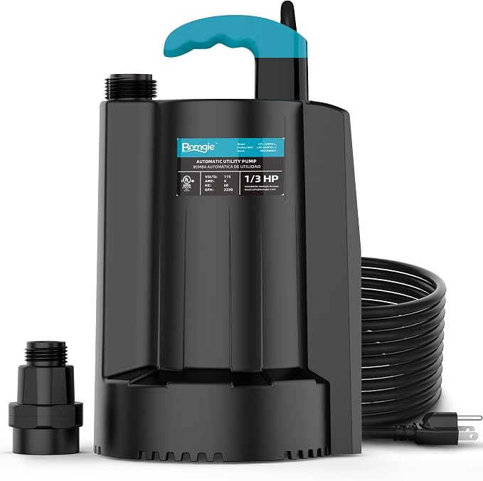 Automatic Water Pump, 2250GPH Sump Pump Submersible Basement Portable Electric Utility Water Pump Removal for Pool Draining Basement Hot Tubs Garden Pool Cover Pond, Deep Black