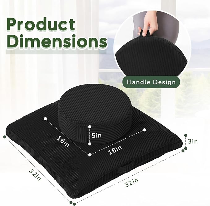 Meditation Cushion Set, Large Meditation Pillow with Ergonomic Support Prayer Pad, Modern Zafu & Zabuton Set to Mindfulness, Yoga, Removable Corduroy Cover, Black, 32in