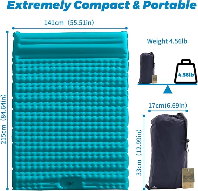 Double Sleeping Pad for Camping, Extra Thickness Inflatable Sleeping Mat with Pillow Built-in Pump, Inflatable & Compact Camping Hiking Traveling