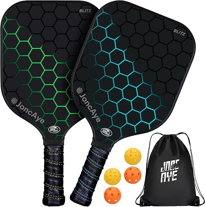JoncAye Pickleball Paddles Set of 4 or 2, USAPA Approved Fiberglass Rackets with Outdoor Indoor Balls, Bag, Overgrip, Lightweight for Family, Professional Equipment for Beginners Intermediate