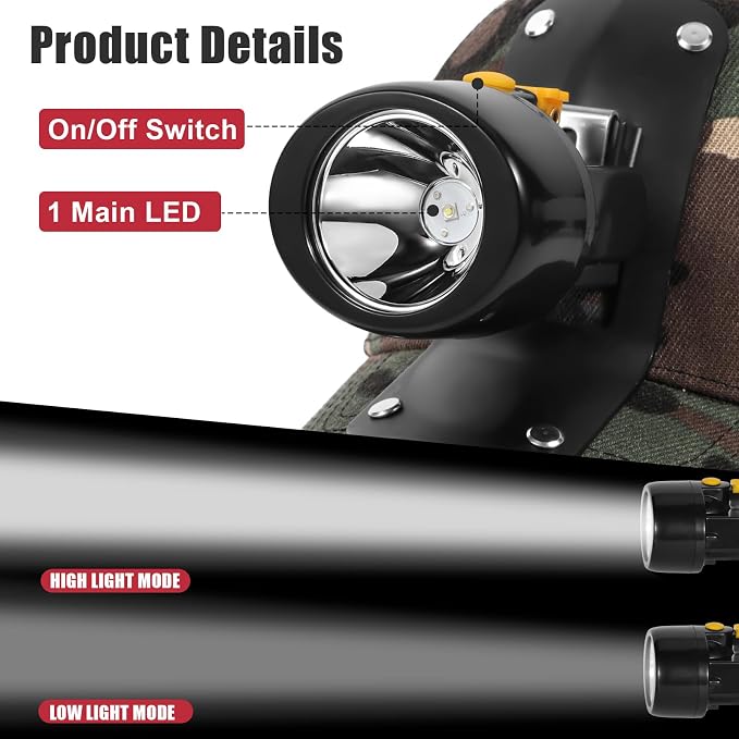 High Lumens LED Mining Headlamp with Hat - Waterproof, Durable, Long-Lasting Rechargeable Headlight, Adjustable Strap, Perfect for Miners Camping Hiking (KL3.0 Black-Yellow Button with Hat)
