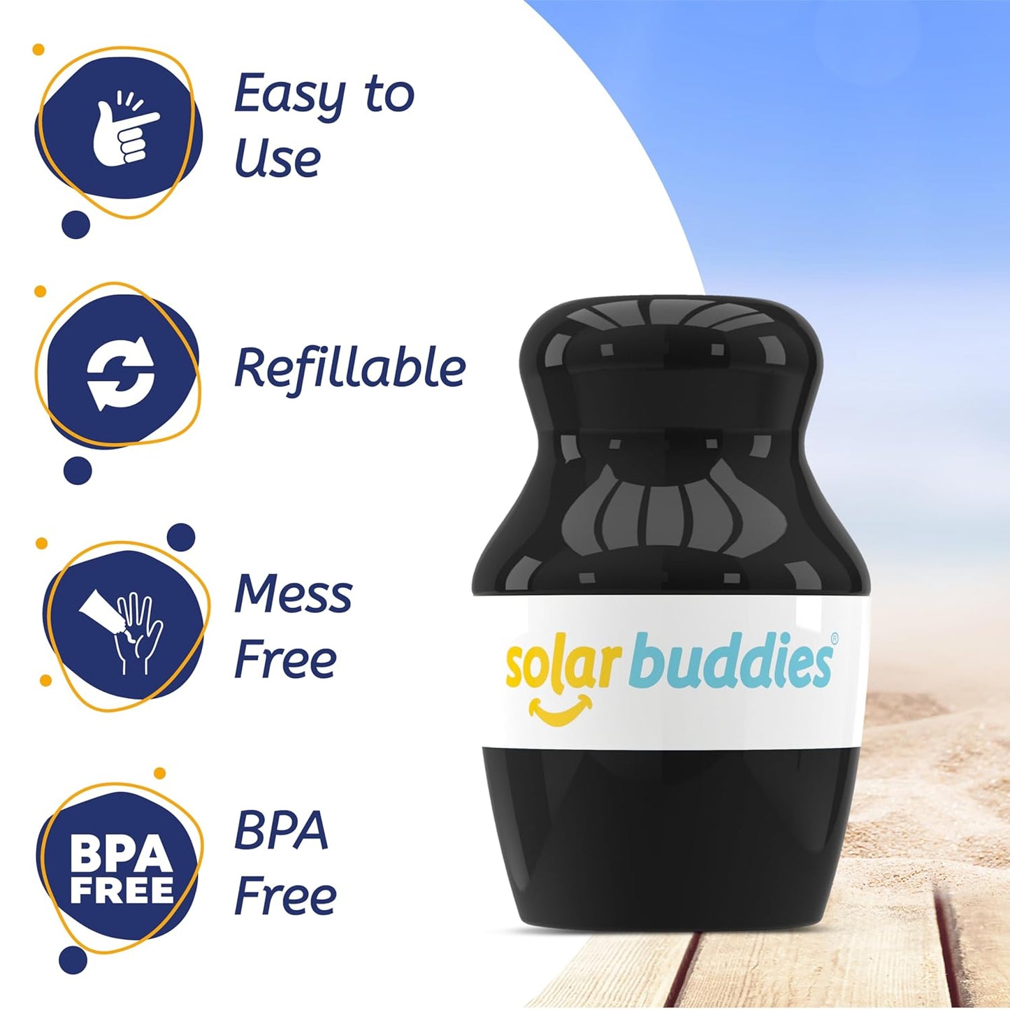 Solar Buddies Sunscreen Applicator - Single Black - Refillable Roll on Sponge Sunscreen, Suncream &amp; Lotion Applicator For Kids, Adults &amp; Families - Holds 3.4fl oz, Perfect Size for Travel