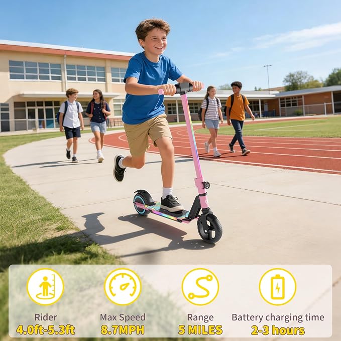 SIMATE Electric Scooter for Kids 6-14, e Kick Scooter with LED Display and Colorful Lights, Adjustable Height and Foldable, Double Brake, Gifts for Kids Girls Boys