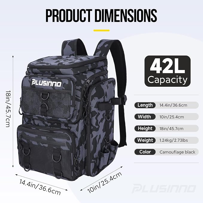 PLUSINNO Fishing Backpack with Tackle Boxes,Fishing Gear,42L Waterproof tackle Backpack with Rod Holders,Lures,Tools,Pliers & Accessories, Fishing Gifts for Men