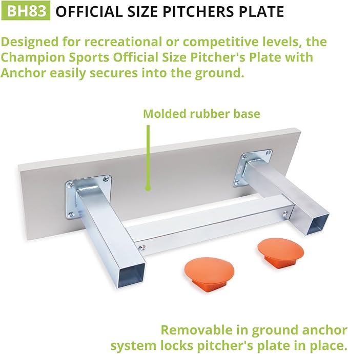 Champion Sports Anchor Style Pitcher’s Plate with Removable In-Ground Anchor – Baseball/Softball - All Weather Durability - Molded Rubber Base - Youth or Official Sizes