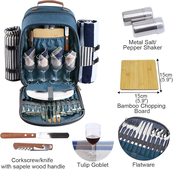 Sunflora Picnic Backpack for 4 Person Set Pack with Insulated Waterproof Pouch for Family Outdoor Camping(Blue & Stripe)