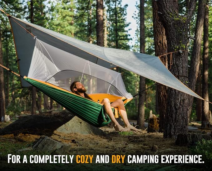 Ryno Tuff XL 2 Person Camping Hammock with Mosquito Net & Rain Fly - Compact Double Hammock with Bug Net, Tarp, Pocket, Tree Straps & Heavy Duty Carabiners - Parachute Grade Nylon Holds Over 600lbs