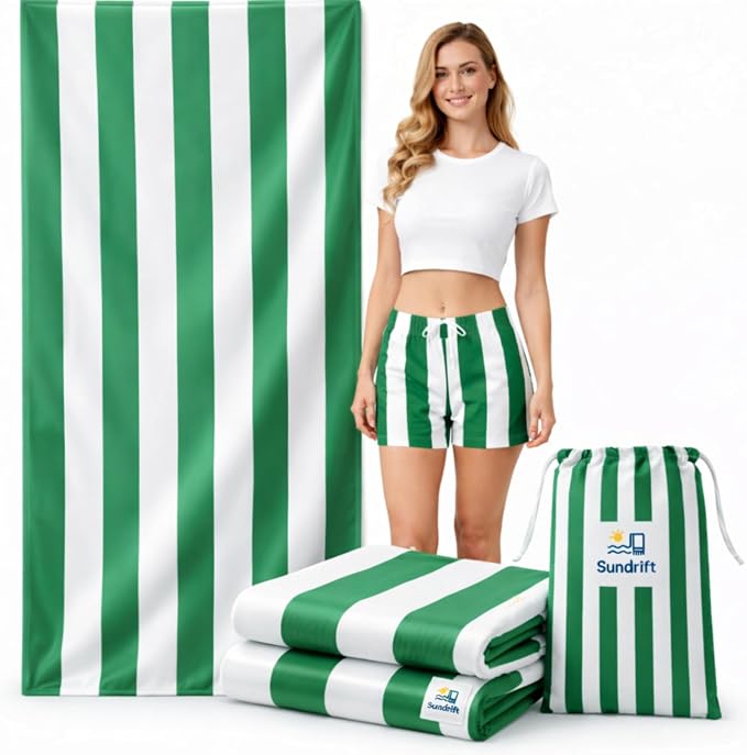 Oversized Microfiber Beach Towel 71x36 Inch, Quick Dry Sand Free Travel Towel, Lightweight Sueded Beach Blanket for Pool, Camping, Yoga & Beach Trips (Green/White)