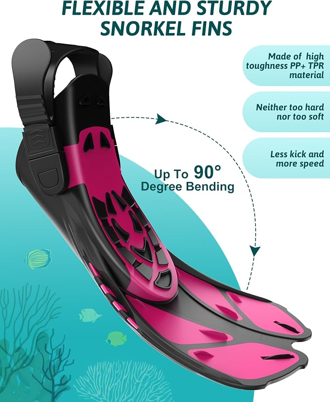 Viginsul Mask Fins Snorkeling Gear for Adults, Full Face Snorkel Mask & Adjustable Swim Fins Snorkel Set, Panoramic View Snorkel Mask Dry Top Anti-Fog Anti-Leak