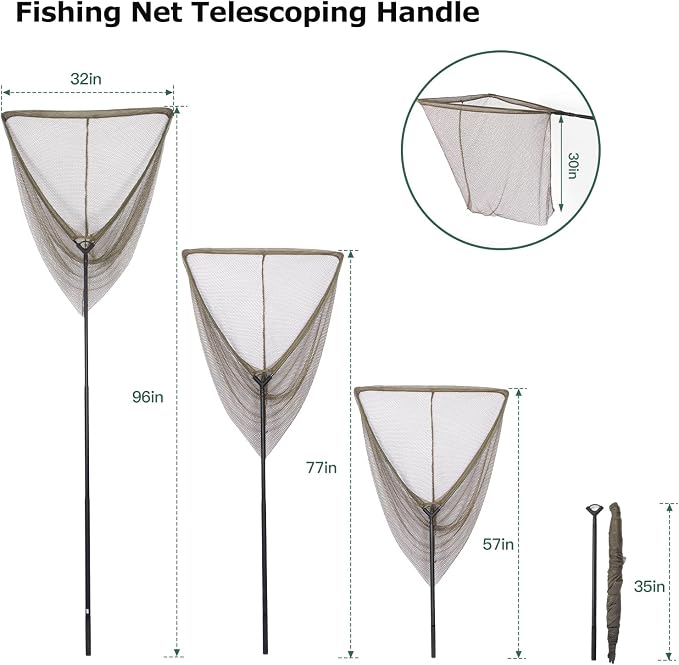 Landing Net for Carp Fishing, 32 Inch Large Fishing Net, 6 Feet Telescoping Carbon Fiber Long Handle Saltwater Big Fish, Holds Up to 88lbs/40kgs, Olive Green, Supplied with Carry Bag