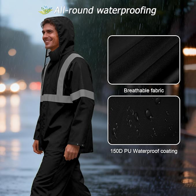 Rain Pants, High Visibility Safety Coat, Hi Vis Waterproof Work Pants, Lightweight Rain Gear for Outdoor Activities, Men Women, Black P, L-XL