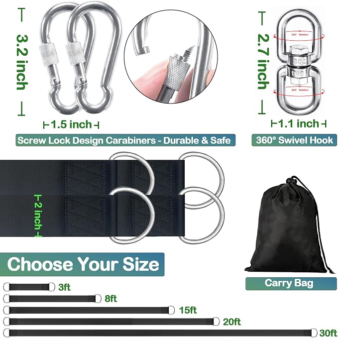 Tree Swing Straps Hanging Kit - 3FT/8FT/15FT/20FT/30FT, Strong & Durable - Holds Up to 5000lbs - Adjustable Tree Swing Straps Fit for All Swings, Hammocks, Safer & Easy Installation (8 FT)