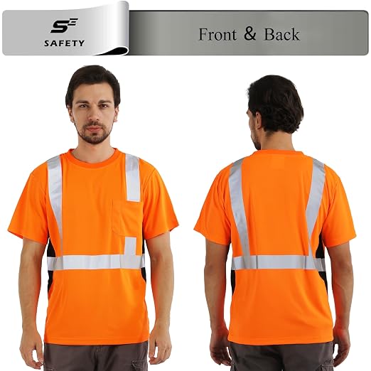 Hi Vis T Shirt Class 3 High Visibility Shirts for Men Safety Shirts with Reflective Strips and Pocket Breathable Construction Work Mesh Short Sleeve
