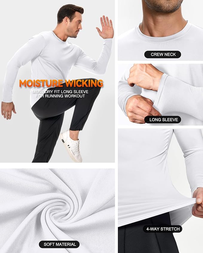 Men's 1, 3 or 5 Pack Performance Long Sleeve T-Shirts, UPF 50+ Sun Protection Shirts, Athletic Gym Workout Shirts for Running