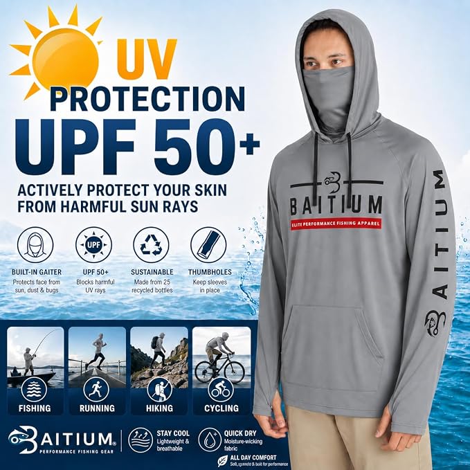 Fishing Shirts for Men,UPF50 Hooded Long Sleeve with Gaiter, Sun Protection Dry Fit Apparel, Face Mask, Fishing Clothes
