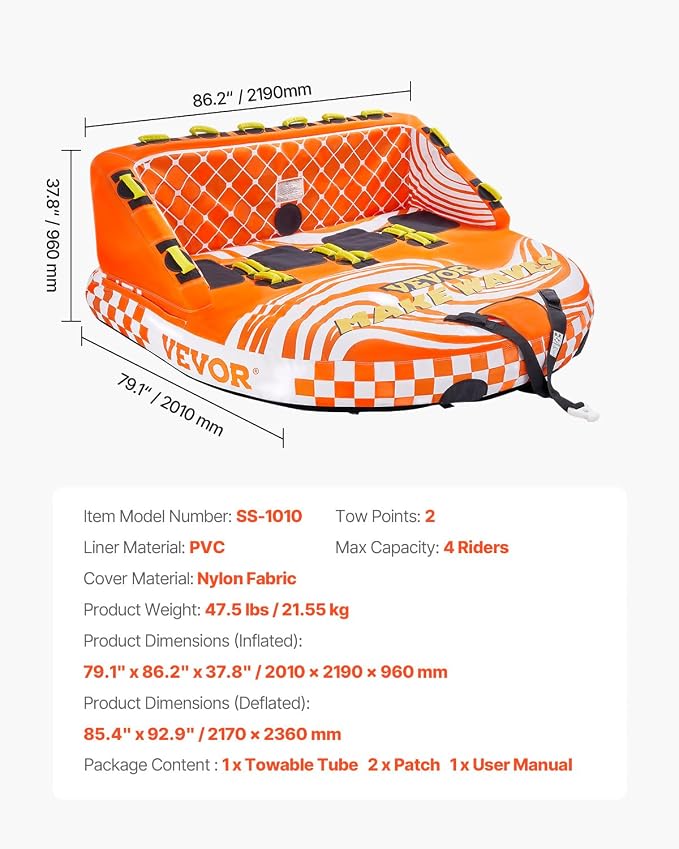 VEVOR Towable Tube for Boating, 1-4 Riders Inflatable Boat Tubes and Towables, 680lbs Water Sport Towable Tube for Boat to Pull - with Full Nylon Cover, 22 Grab Handles, Dual Tow Points & Safety Valve