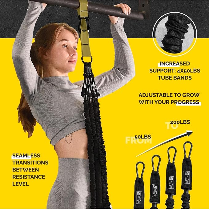 Pull Up Assistance Bands - 4 Heavy Duty Pull Up Bands with Adjustable Strap and Foot Rest - Stackable Pull Up Assist Band Set for Pull Up Bar - Resistance Bands for Pull Ups Chin Ups Strength Training
