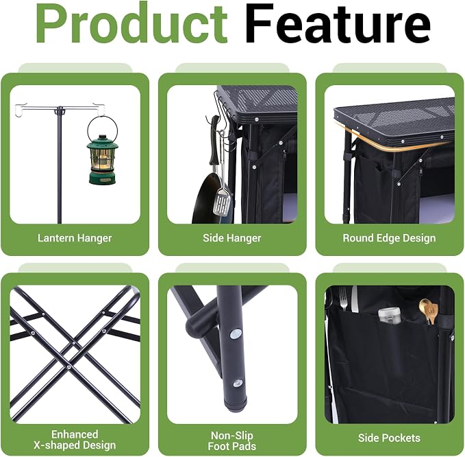 Nice C Camping Kitchen Station, Picnic Portable Grill Table, Folding Cook Station Organizers, with Upgrade Light Stand, Windshield, Carry Bag for Outdoor, Beach, Picnic (Black)