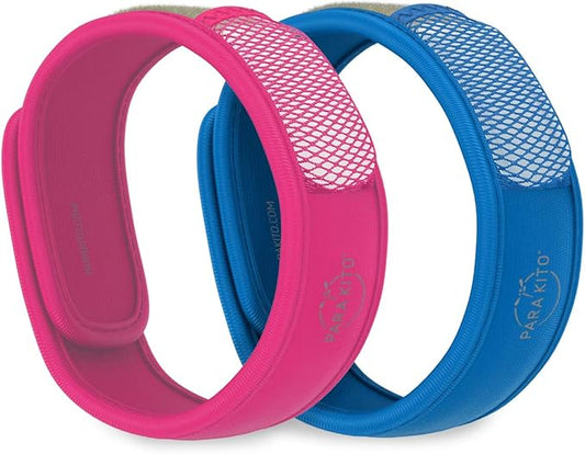 PARA'KITO Mosquito Repellent Bracelets + Refill Pellets Bundle | w/Peppermint Oil, Essential Oils | Hiking & Camping Accessories | Paraben Free, DEET Free - 2 Wristbands & 2 Refills (Fuchsia + Blue)