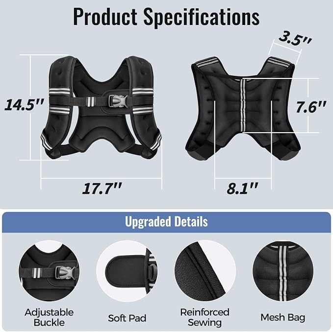 Zeerun Weighted Vest, 6lb/8lb/10lb/12lb/15lb/18lb/20lb/24lb/30lb for Men Women, Reflective Stripe Adjustable Buckle, Comfortable Durable Rucking Vest for Walking Running Strength Training