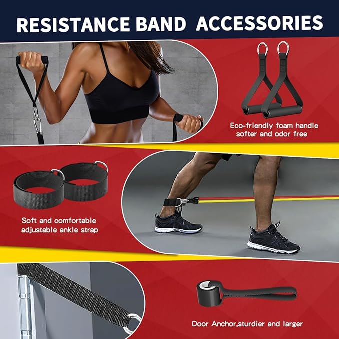 WHATAFIT Resistance Bands, Exercise Bands, Workout Bands with Handles, Door Anchor and Ankle Straps, 5 Resistance Levels Fitness Bands for Strength Training, Physical Therapy, and Home Gym Equipment