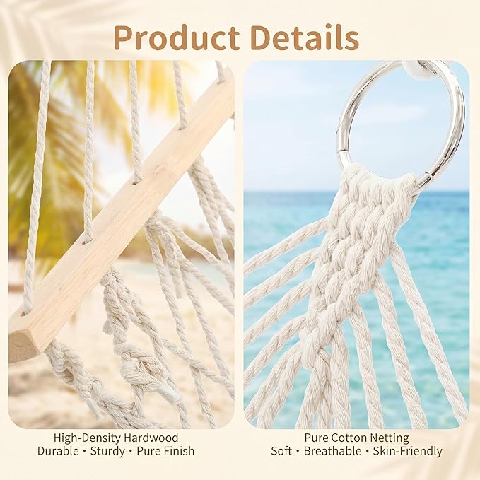 Hand Woven Cotton Rope Hammock, 10 ft Hammock for Patio Garden Yard Porch Camping Beach Indoor Outdoor Hanging Include Rope Straps, 450lb Capacity(White)