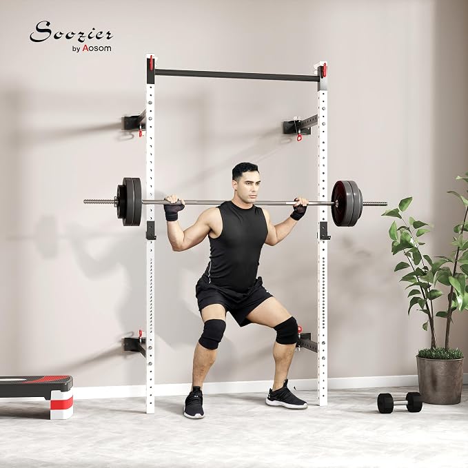 Soozier Folding Squat Rack with Adjustable Pull-Up Bar, 1000 Pounds Capacity Wall Mounted Power Rack, Adjustable Steel Barbell Rack with J Hooks for Home Gym Full Body Workout