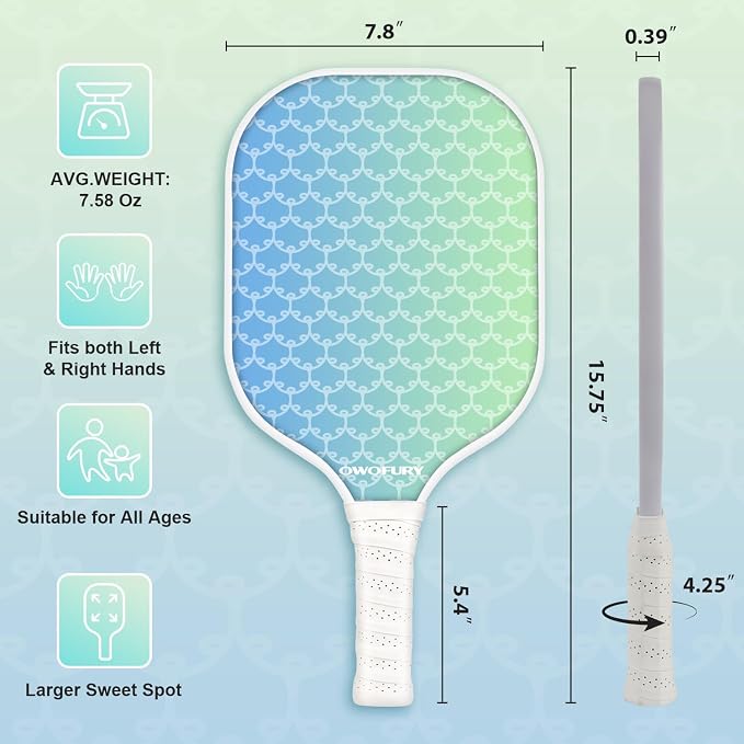 Fiberglass Pickleball Paddles Set of 2, Pickle Ball Racket Lightweight Honeycomb Core Control Paddle, with 4 Indoor Outdoor Balls and Bag for Men Women