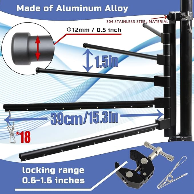 RV Clothes Drying Rack, 5 Arms 15.3" 18 Clips Aluminum for Ladder/Camper | 5 arms, 15.3" each. 18 stainless clips. Aluminum, rust-proof. 60Lbs capacity. 30s install. Fits ladders, boats, RVs