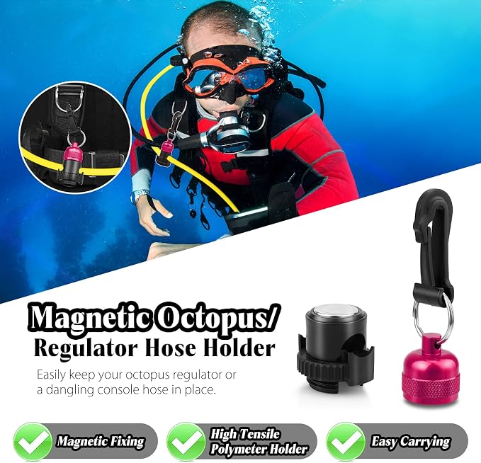 2PACK Scuba Regulator Hose Holder, Magnetic Adjustable Octopus Holder Octo Tank Retainer with Clip, Installs to Your BCD Easily!