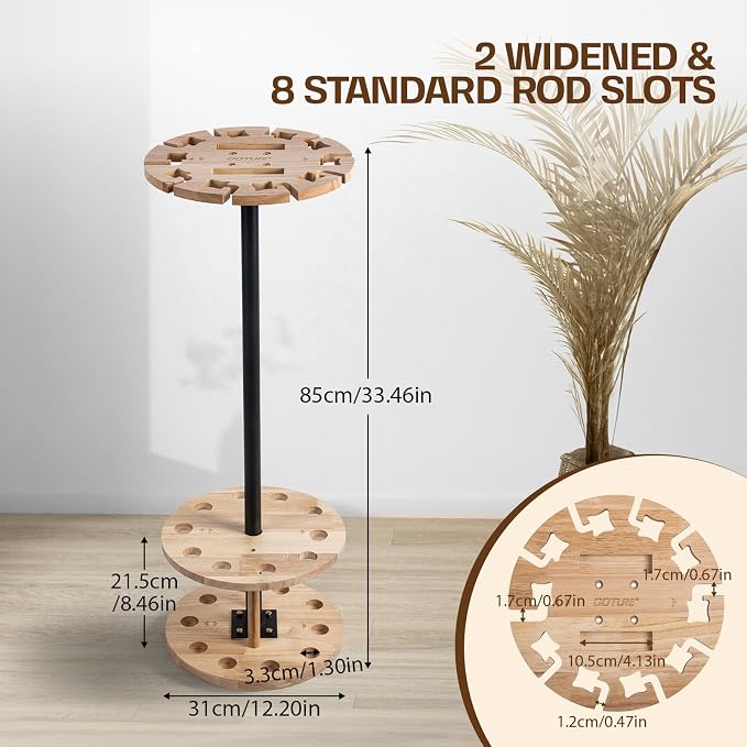 Goture Round Fishing Rod Holders for Garage, Floor Stand Holds up to 10 Rods, 2 Built-in Grooves, Solid Rubber Wood Fishing Gear Equipment Storage Organizer, Ideal Fishing Gift for Men Women