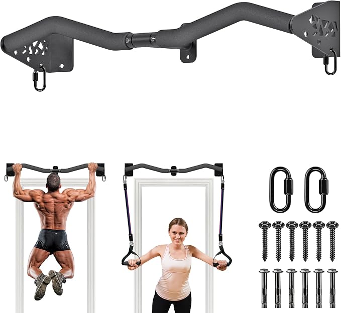 Kipika Wall Mounted Pull Up Bar - Heavy Duty 450 LB Capacity Doorway Chin Up Bar for Home Gym, Sturdy Steel Construction with Resistance Band Hooks | Hanging Exercise Bar for Full Body Workout